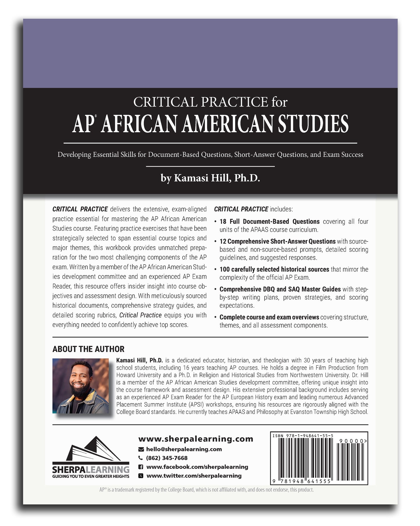 Back Cover of "Critical Practice for AP African American Studies" with information about author, Kamasi Hill, Ph.D.