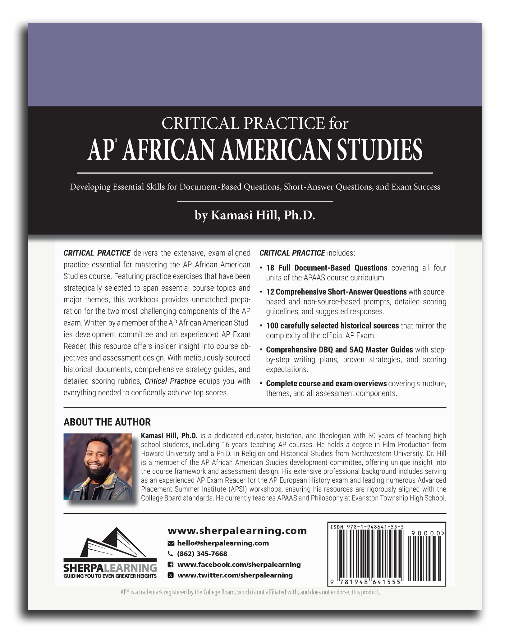 Back Cover of "Critical Practice for AP African American Studies" with information about author, Kamasi Hill, Ph.D.