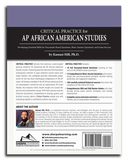 Back Cover of "Critical Practice for AP African American Studies" with information about author, Kamasi Hill, Ph.D.