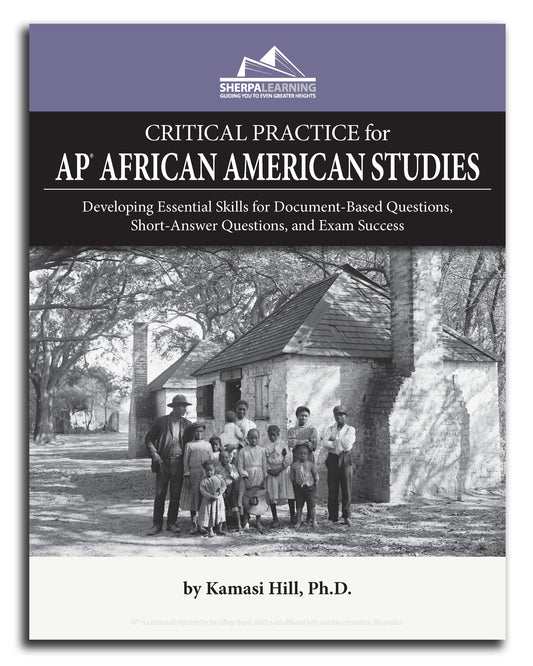 Book cover of 'Critical Practice for AP African American Studies' with a black and white photo of a group of people in front of a building.